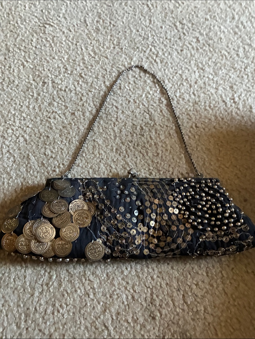 Black Sequin & Coin Embellished Evening Clutch